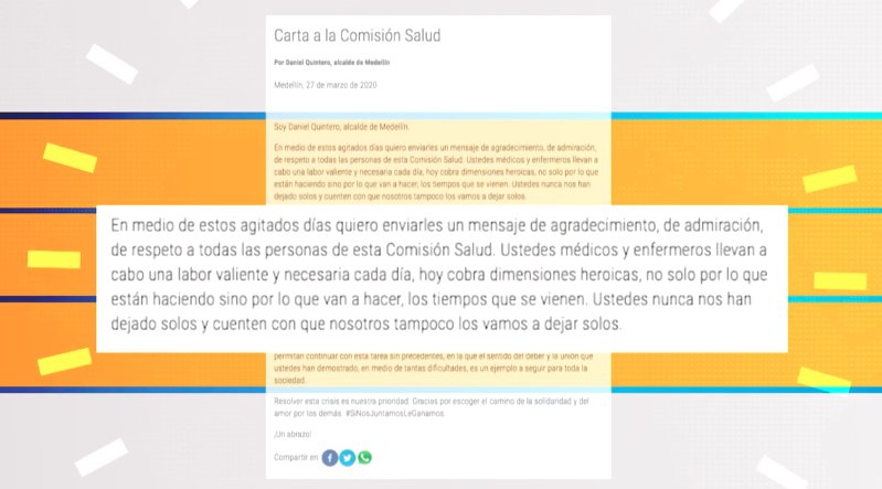 Alcalde de Medellín envió una carta al personal médico