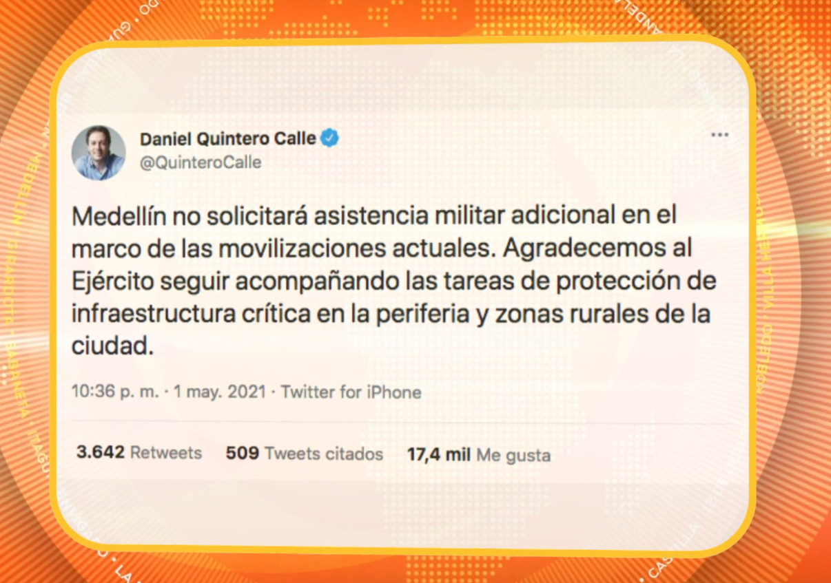 Daniel Quintero anunció que Medellín no acogería la medida de militarización