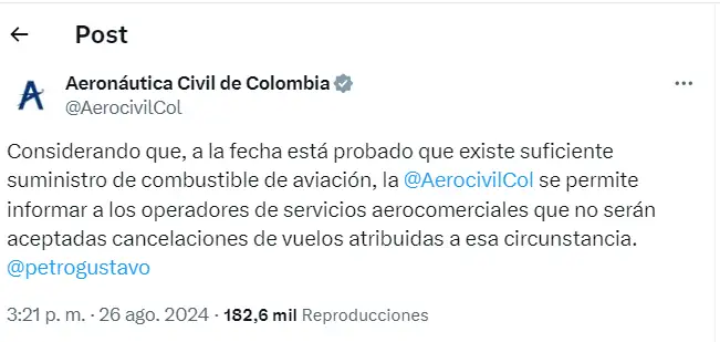 Aerolíneas en Colombia normalizan operaciones tras levantamiento de restricciones de combustible