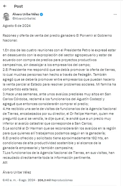 El expresidente Álvaro Uribe venderá al Gobierno 192 hectáreas para la reforma agraria