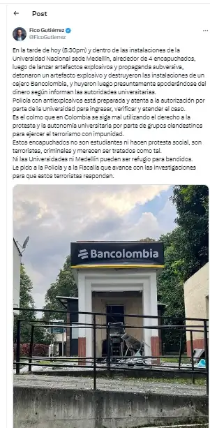 Dentro de una universidad en Medellín, encapuchados detonaron explosivos en un cajero