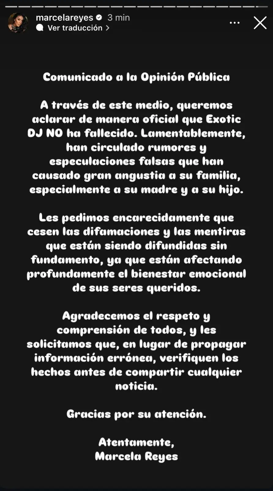Marcela Reyes desmiente rumores sobre la muerte de DJ Exotic