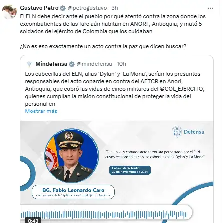 Petro se pronunció tras ataque del ELN que dejó cinco soldados muertos en Anorí
