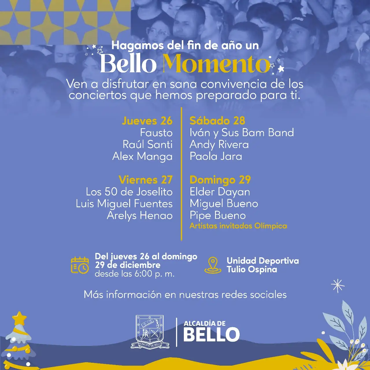 Bello celebra el cierre del 2024 con conciertos gratuitos en el Tulio Ospina