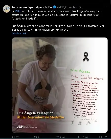 Falleció Luz Ángela Velásquez, quien dedicó 22 años de su vida a buscar a su esposo desaparecido en Medellín