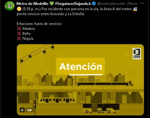 Interrupción en la Línea A del Metro de Medellín: tres estaciones están fuera de servicio