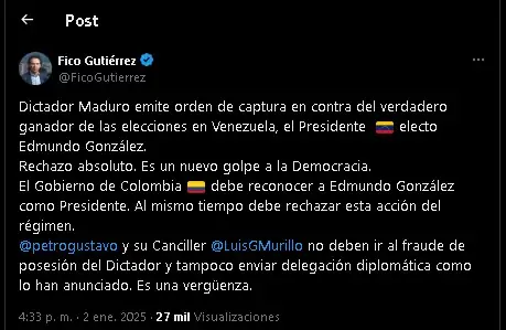 Alcalde de Medellín rechaza orden de captura contra Edmundo González: “es un nuevo golpe a la Democracia”