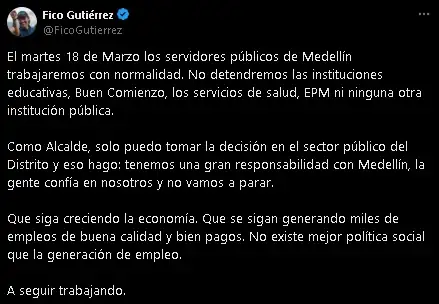 Alcalde de Medellín confirma que entidades públicas trabajarán con normalidad el 18 de marzo