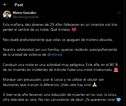 “Nos duele profundamente”: Mensaje del Secretario de Movilidad tras siniestro en Medellín en el que fallecieron dos jóvenes
