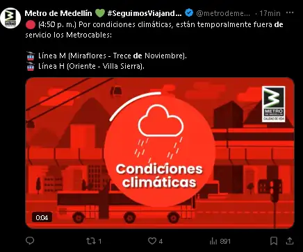 Varias líneas del Metrocable suspenden servicio temporalmente por el aguacero en Medellín
