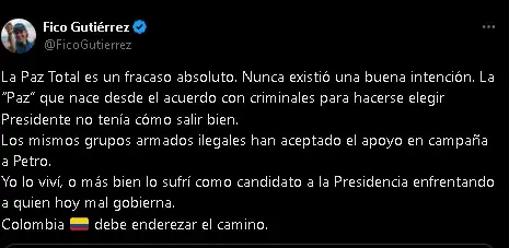 Federico Gutiérrez: "La Paz Total es un fracaso absoluto y nunca existió una buena intención"