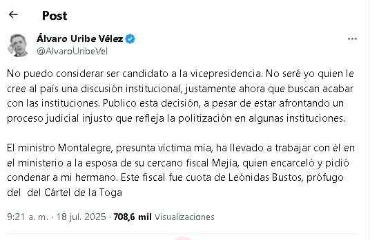Álvaro Uribe confirma que no será candidato a la vicepresidencia en 2026