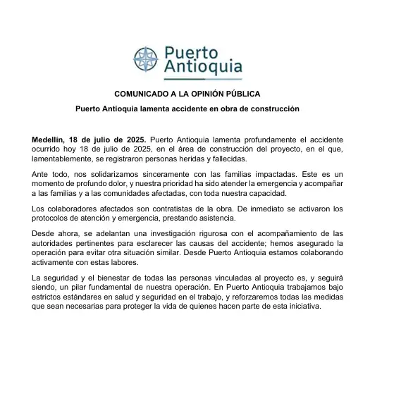 Puerto Antioquia se pronuncia tras accidente que dejó dos trabajadores sin vida y uno más gravemente herido en zona de obras