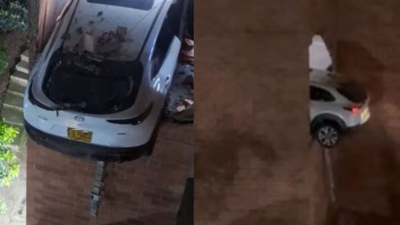 Carro atravesó la pared del parqueadero en Medellín