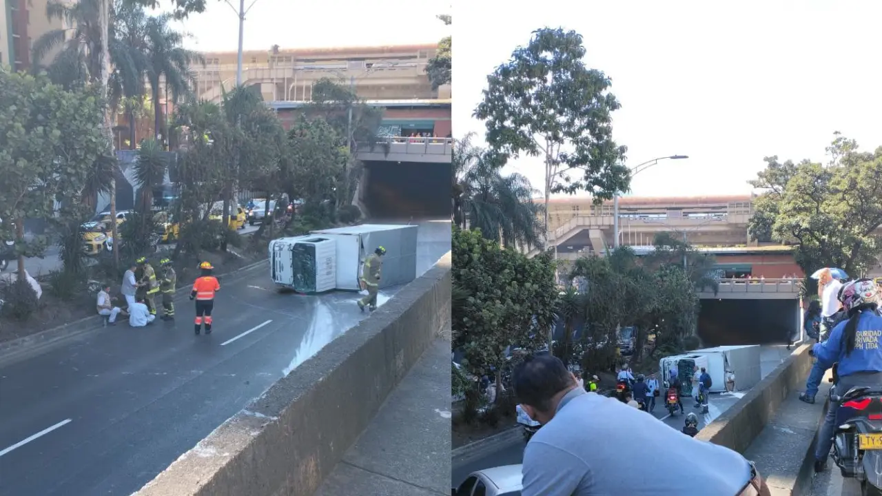 Camión quedó volcado en el deprimido de Villanueva