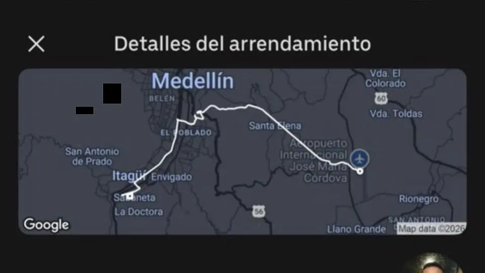 Imagen del recorrido por el que cobró una app de transporte más de millón seiscientos mil pesos. Foto tomada de @Johan_CoyR